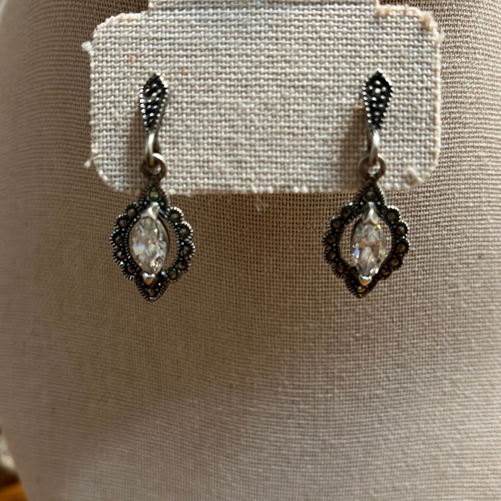 Vintage Marcasite and Clear Rhinestone Dangle Earrings Marked 925
